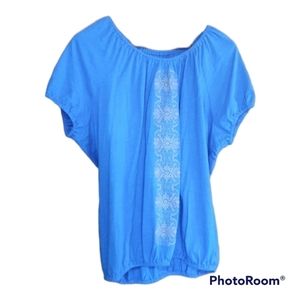 Blouse Rayée Grande Taille Faded Glory 2X - Col V Royal Et Blanc, Manches Courtes, Neuve